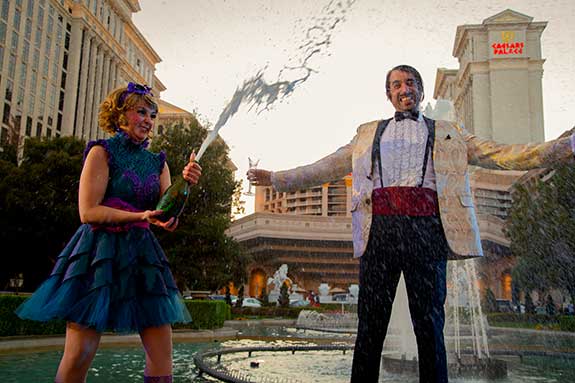 Absinthe photo featuring Wanda & The Gazillionaire in front of Caesars Palace, photo courtesy of Spiegelworld.