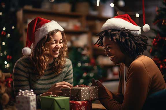 two women exchange Christmas gifts