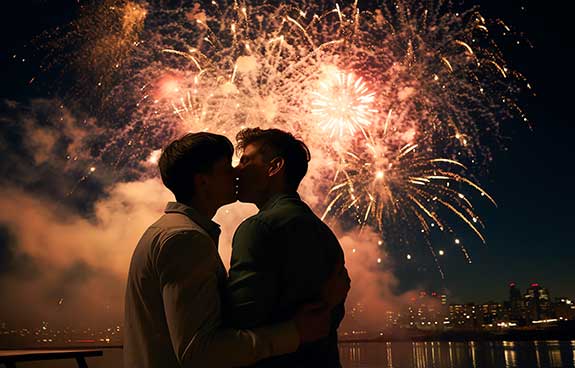 Two men kiss under a firework filled sky