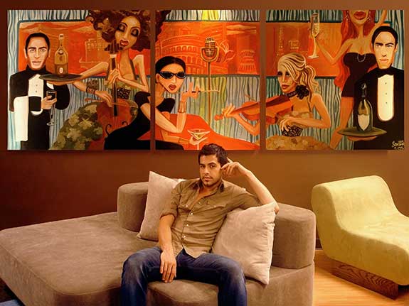 San Pedro and his largest painting to date, the second painting in the series of “Vegas Nights” lounge scene inspired works of art. The painting was unveiled on July 26, 2005, to a VIP gathering in Elton John’s Coliseum Green Room at Caesar’s Palace in Las Vegas, NV. Photo by Pricilla Pacheco.