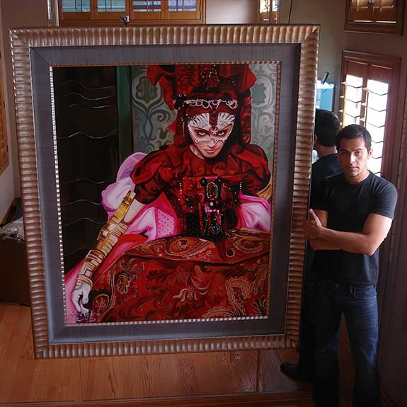 Nick San Pedro with his “Mad Queen” painting, inspired by Madonna’s haunting collaboration with Steven Klein. Photo by Greg Urban. “Mad Queen” (2005), Acrylic on Canvas, 48” x 60” by Nick San Pedro.