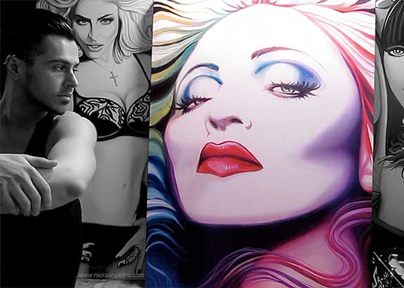 The artist and a few of his iconic face paintings of his favorite muse, Madonna. Photo by Derrick Barry. “MDNA” (2012), Acrylic on Canvas, 30” x 40” by Nick San Pedro.